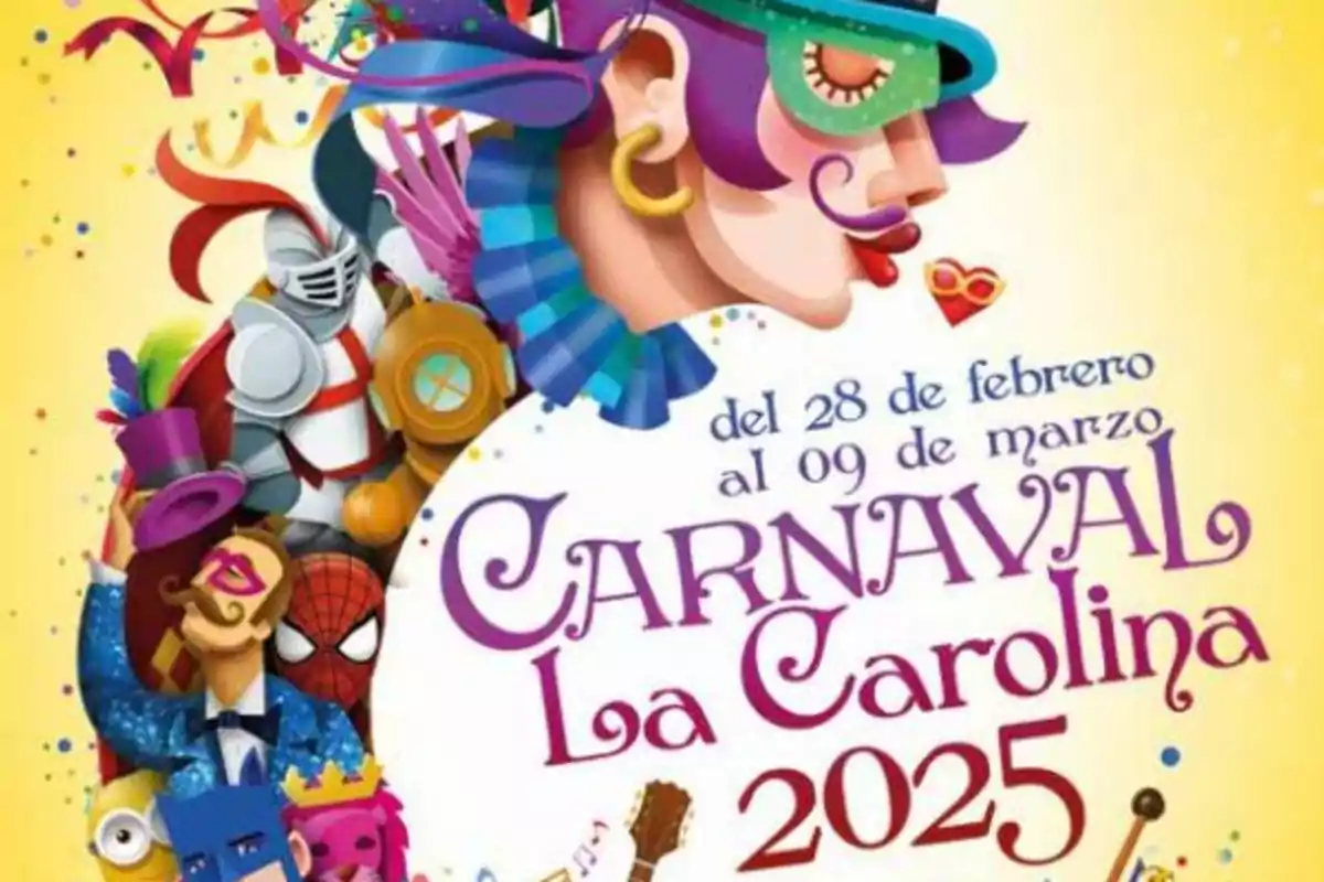 Cartel colorido del Carnaval La Carolina 2025 con ilustraciones de personajes festivos y detalles de la fecha del evento del 28 de febrero al 9 de marzo.