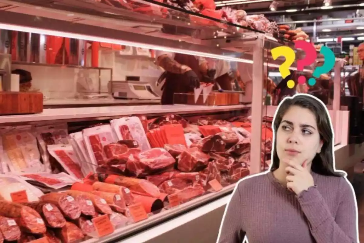 Imagen de fondo de un supermercado en el que se ve la sección de carne y otra imagen de una mujer con gesto dubitativo