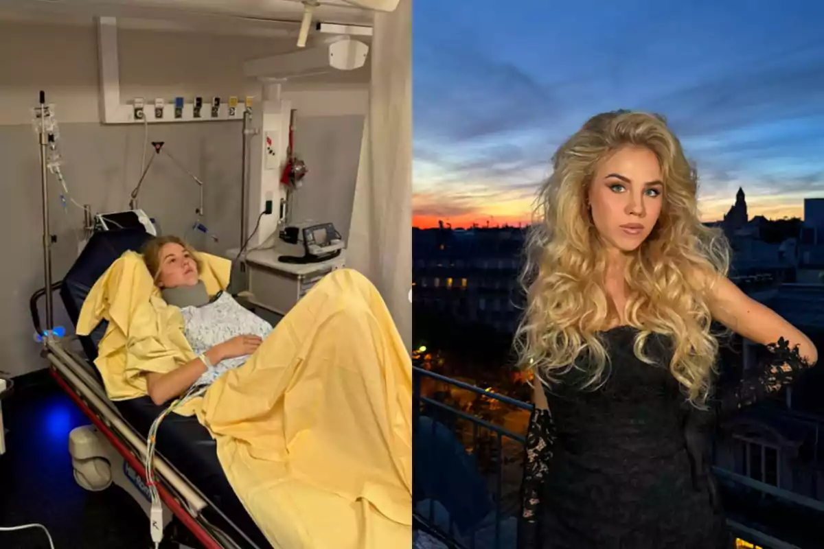A blonde woman appears in a hospital bed wearing a neck brace and a medical gown, while in the other image the same woman poses in an elegant black dress on a terrace at sunset.