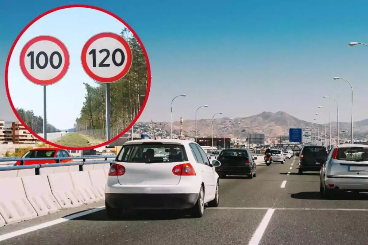 Imagen de fondo de varios coches circulando por una autopista en España junto a otra imagen de dos carteles de límite de velocidad a 100 y 120 km/h