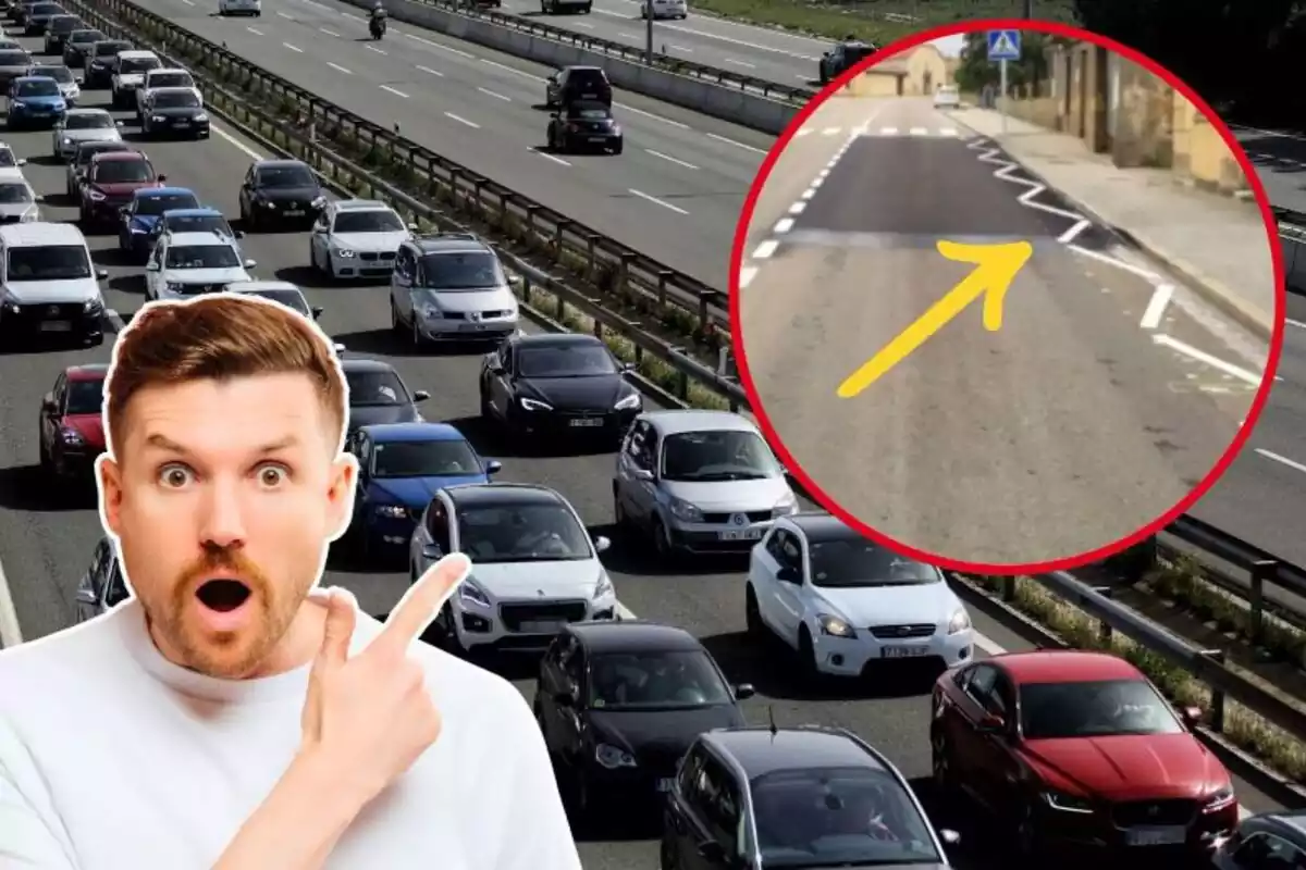 Imagen de fondo de una carretera con muchos coches, otra de un hombre sorprendido en primer plano y otra de una flecha señalando unas líneas en zig zag en otra carretera