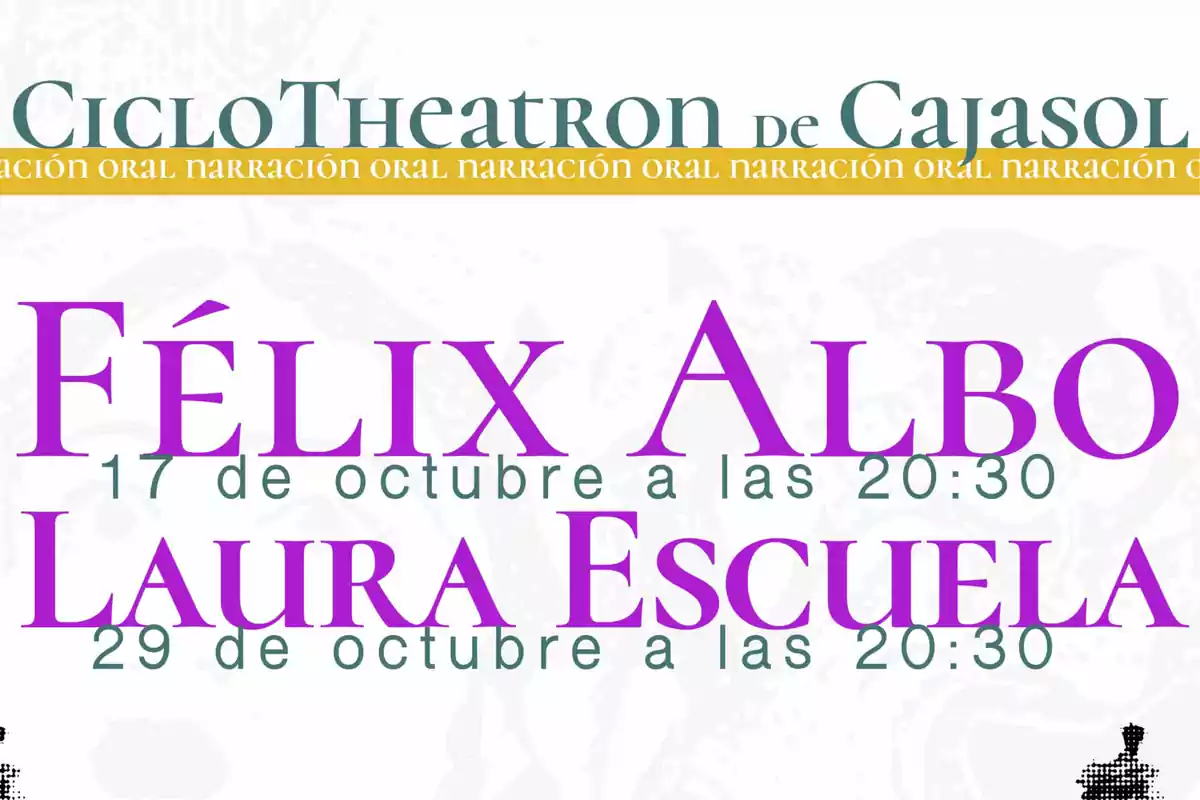 Cartel del Ciclo Theatron de Cajasol con eventos de narración oral, destacando a Félix Albo el 17 de octubre a las 20:30 y Laura Escuela el 29 de octubre a la misma hora.