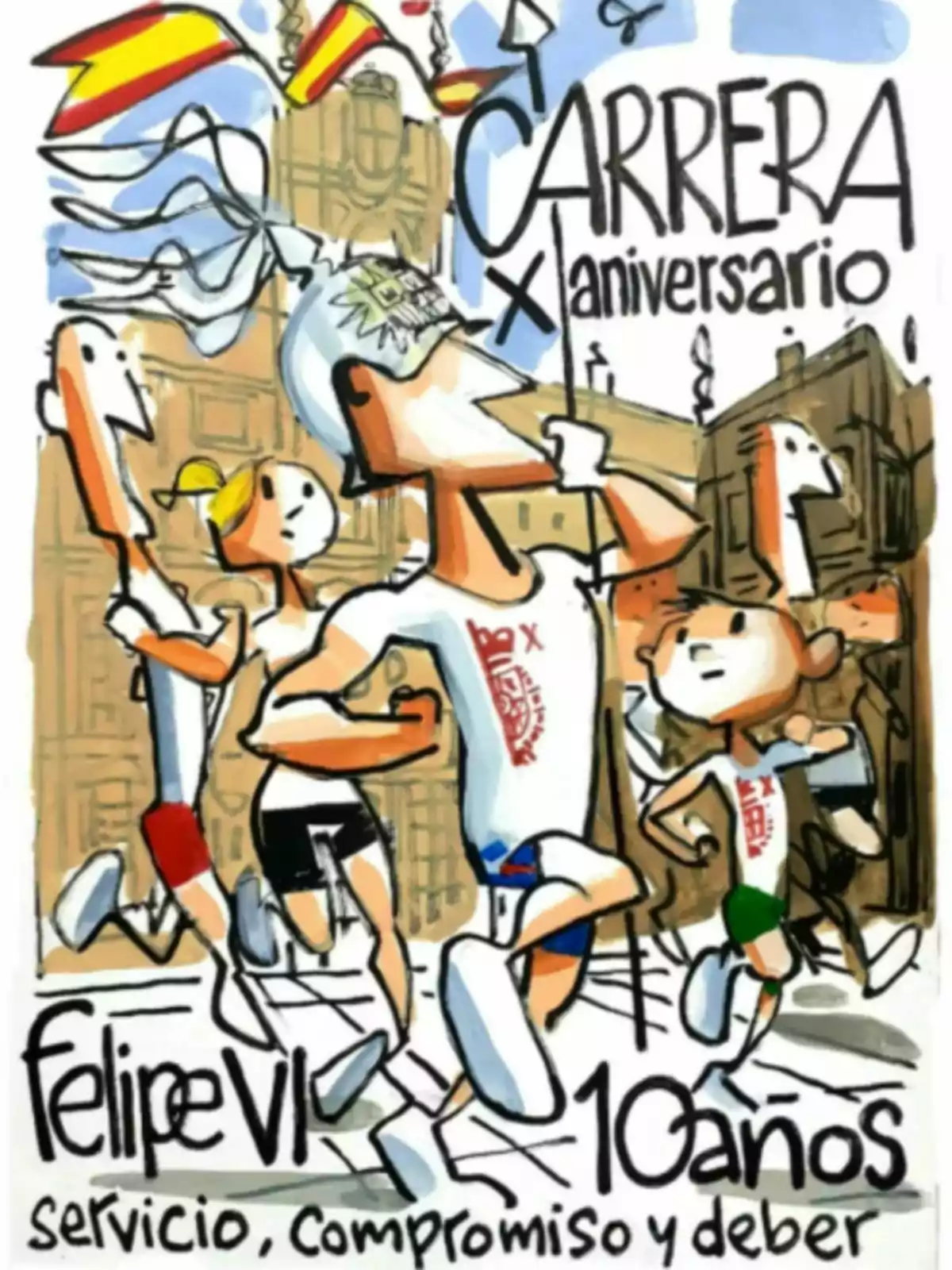 Illustration of a race with runners in motion, Spanish flags waving, and an architectural background, with text mentioning an anniversary and a message of service, commitment, and duty. Illustration of a race with runners in motion, Spanish flags waving, and an architectural background, with text mentioning an anniversary and a message of service, commitment, and duty.