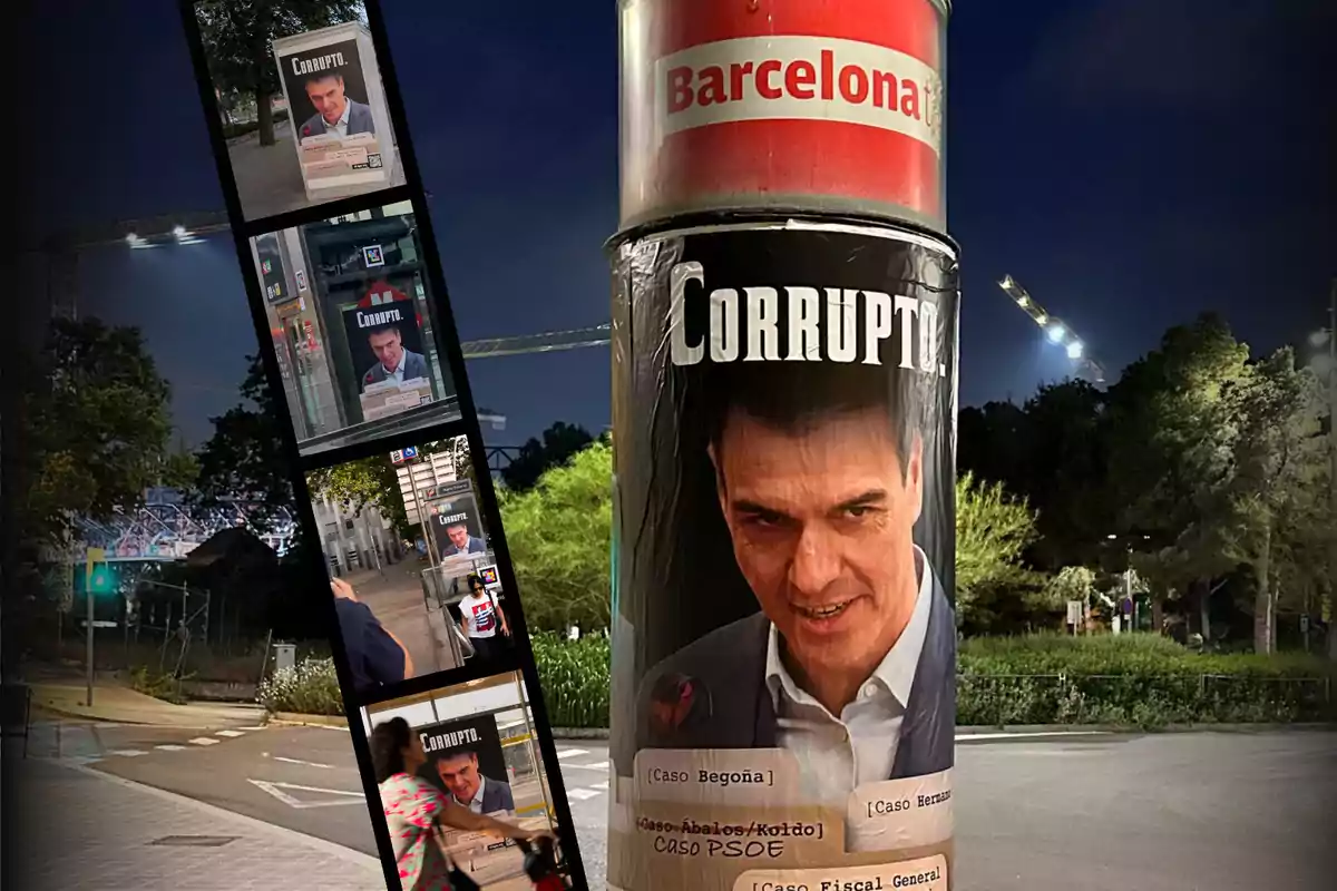 Cartel con la palabra "corrupto" y la imagen de un hombre pegado en una columna en la calle de Barcelona durante la noche, con varias fotos pequeñas mostrando el mismo cartel en diferentes lugares
