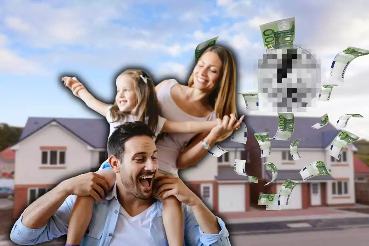 Una familia feliz frente a una casa con billetes de euro flotando en el aire.