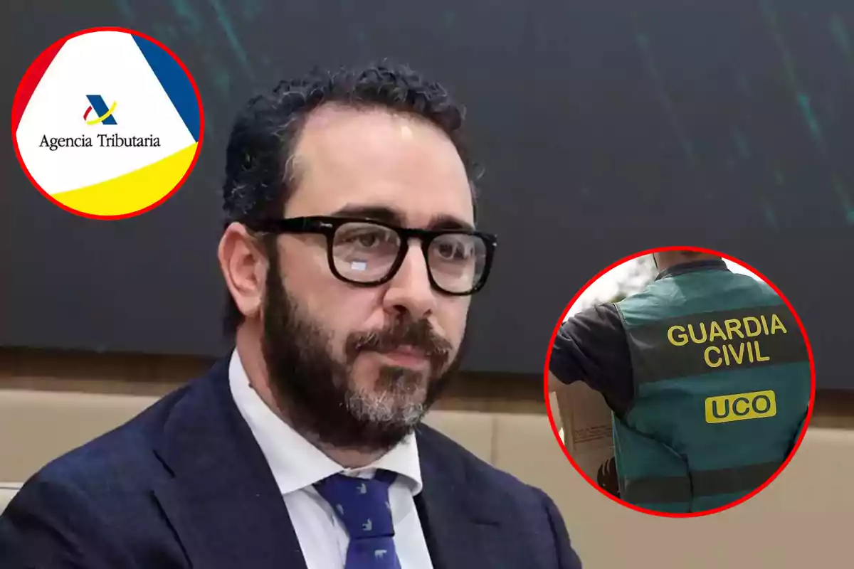 Un hombre con barba y gafas aparece en primer plano, con un logotipo de la Agencia Tributaria en la esquina superior izquierda y una imagen de un agente de la Guardia Civil en la esquina inferior derecha.