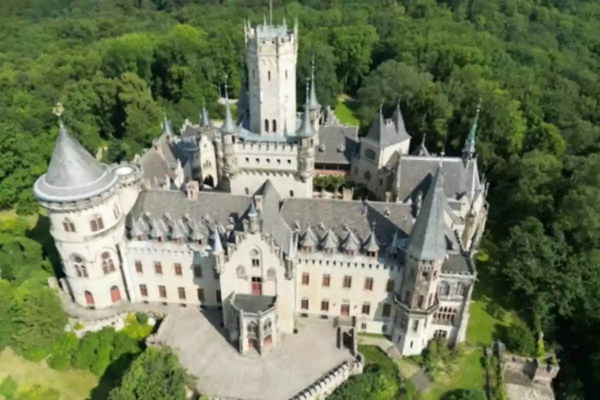 Vista aérea de un castillo rodeado de árboles y vegetación Vista aérea de un castillo rodeado de árboles y vegetación