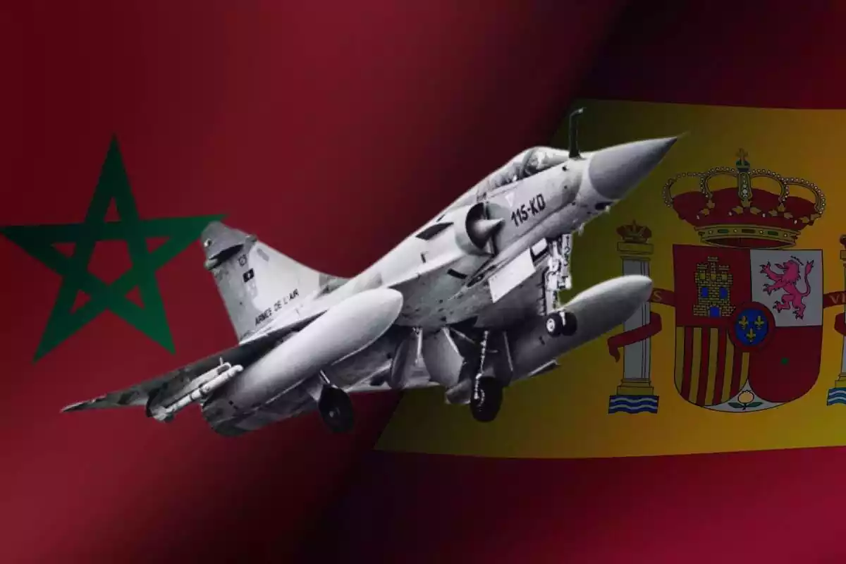Collage de un aza Mirage transferido a Marruecos y de fondo las banderas de Marruecos y España