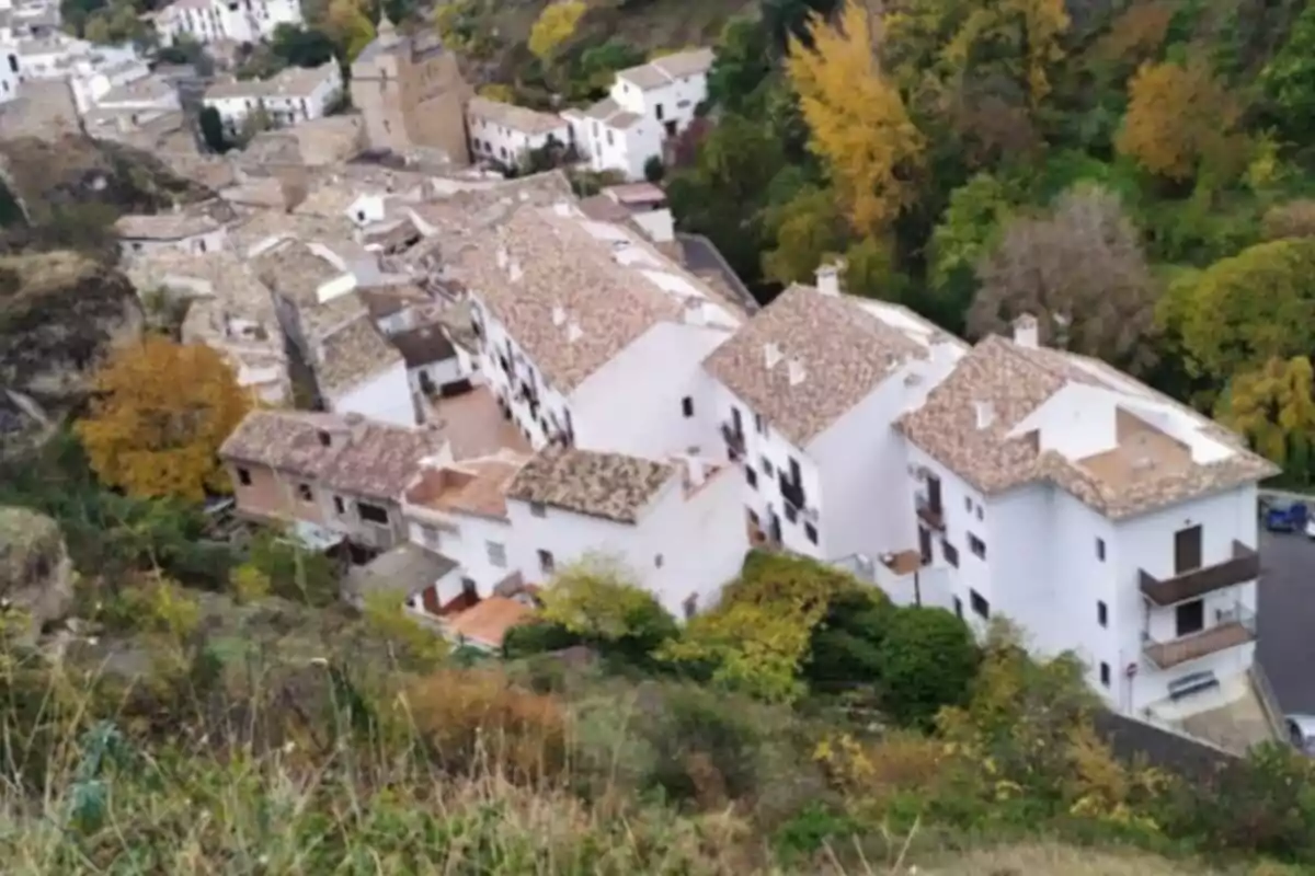 Vista panorámica de un pintoresco pueblo con casas de tejados de tejas y paredes blancas rodeado de vegetación y árboles en otoño.