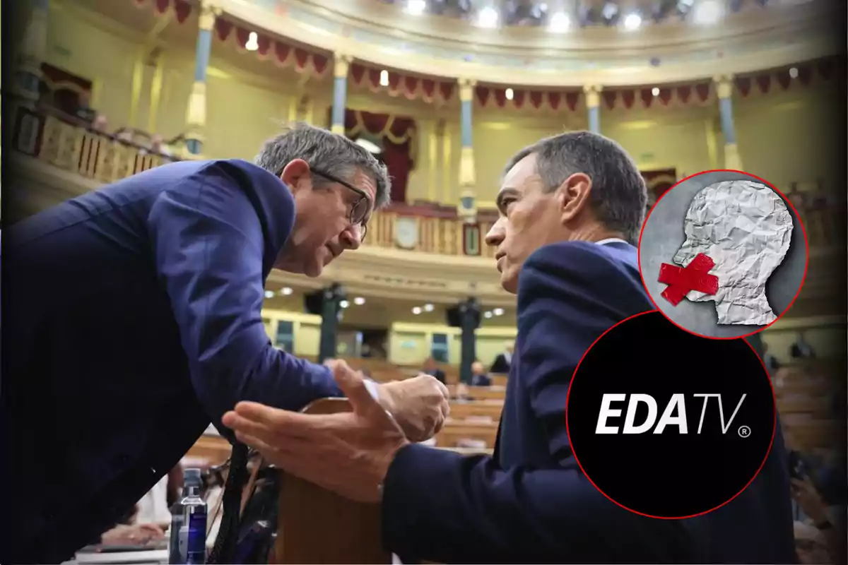 Two people conversing in a parliamentary setting with an EDA TV logo and an image of a silhouette with red tape over the mouth.