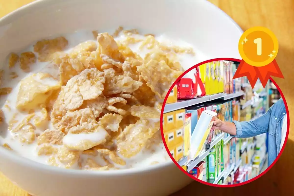 Imagen de fondo de un bol de cereales con leche y otra de una persona cogiendo cereales de un supermercado