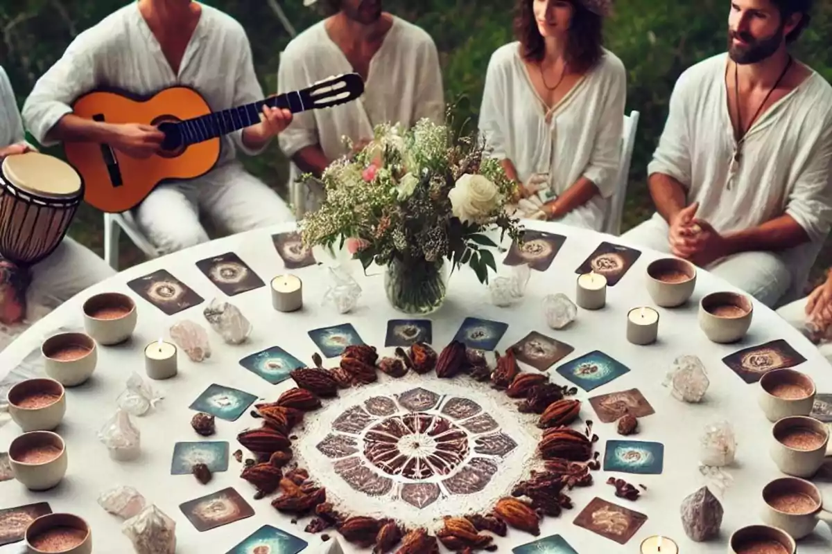 Un grupo de personas vestidas de blanco se sientan alrededor de una mesa circular decorada con cartas, velas, cristales y un mandala en el centro, mientras una persona toca la guitarra y otra un tambor.