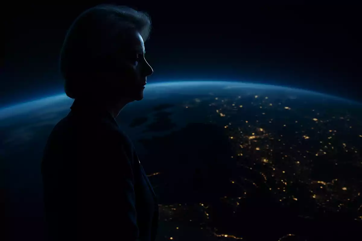 Una persona en silueta frente a una vista nocturna de la Tierra desde el espacio con luces de ciudades visibles.
