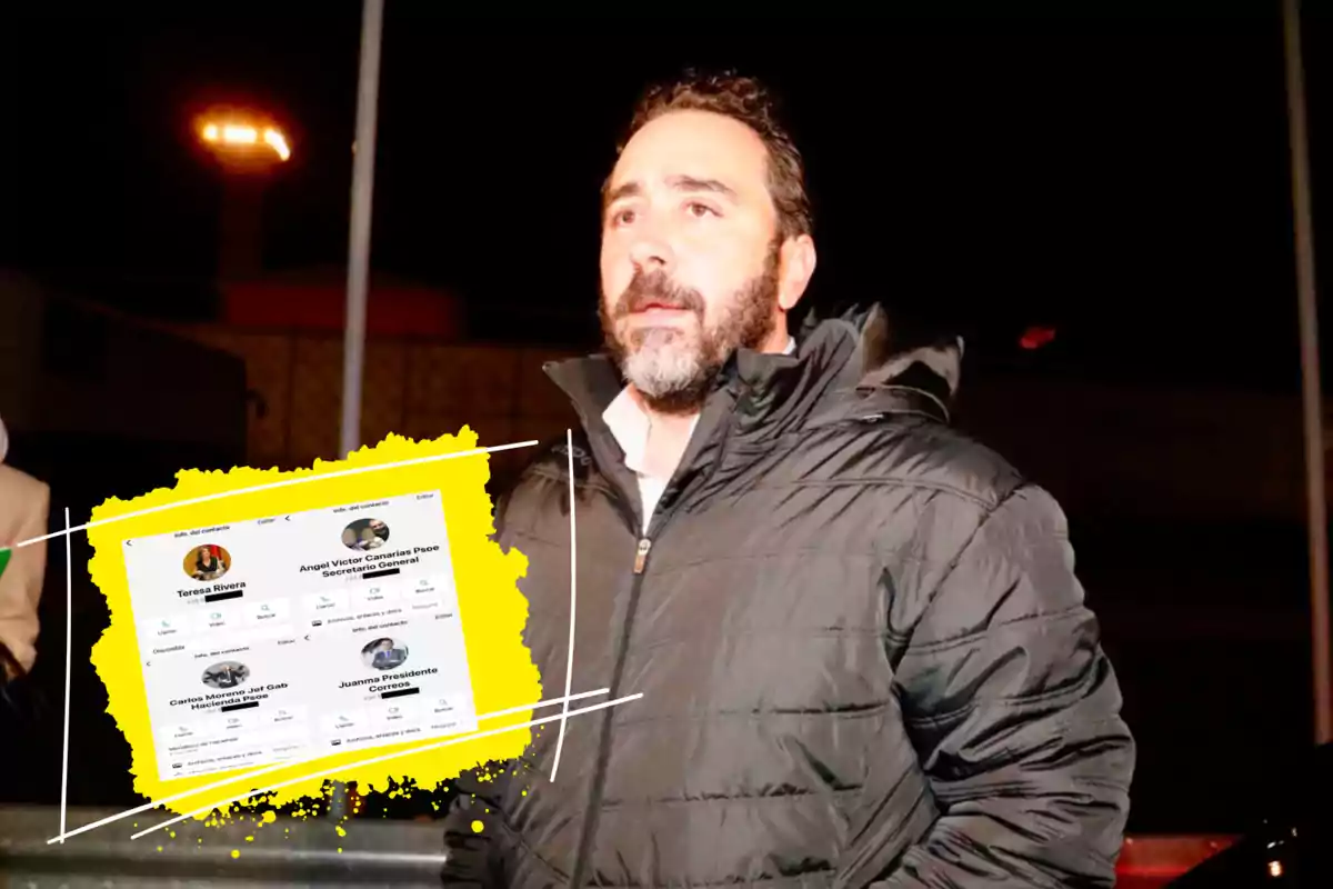 Un hombre con chaqueta oscura está de pie al aire libre por la noche, con una imagen superpuesta de perfiles de redes sociales en un recuadro amarillo.