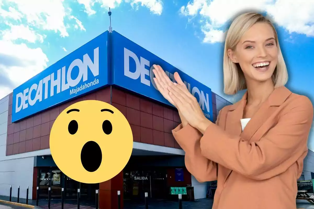 Una mujer sonriente aplaude frente a una tienda Decathlon con un emoji sorprendido en primer plano.