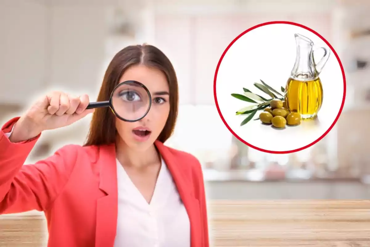 Mujer con una lupa observando una imagen de aceite de oliva y aceitunas.