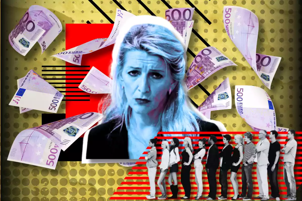 A woman with a serious expression in the center of a collage with 500-euro bills floating around and a group of people lined up at the bottom, against a background with geometric patterns and contrasting colors.