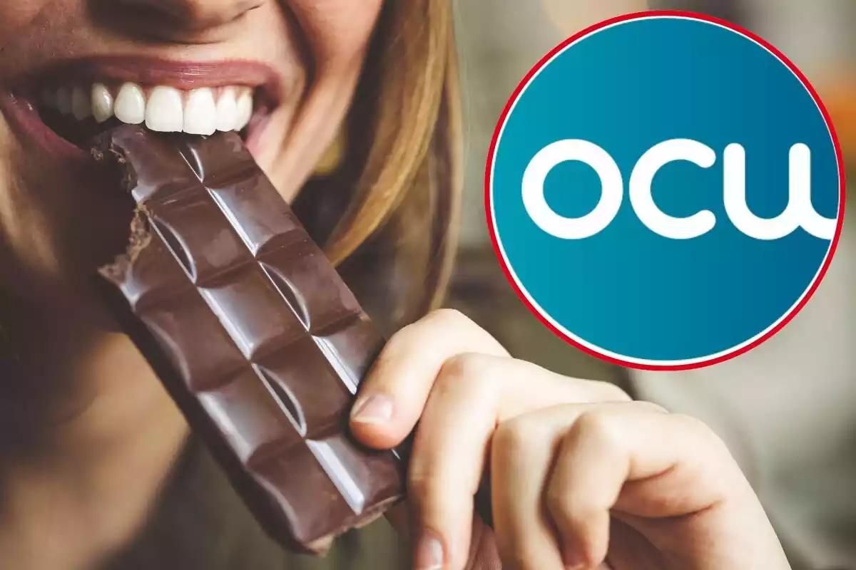 Mujer comiendo chocolate y el logo de la OCU