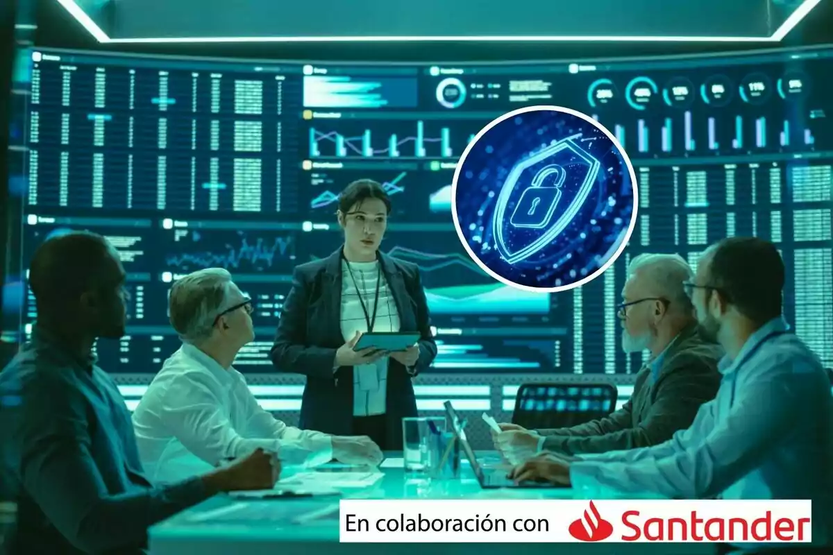 Un grupo de personas en una sala de conferencias con pantallas de datos y un símbolo de seguridad digital.
