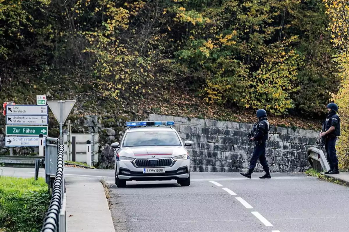 Patrulla policial con dos agentes armados vigilando una carretera en una zona boscosa durante el otoño Patrulla policial con dos agentes armados vigilando una carretera en una zona boscosa durante el otoño