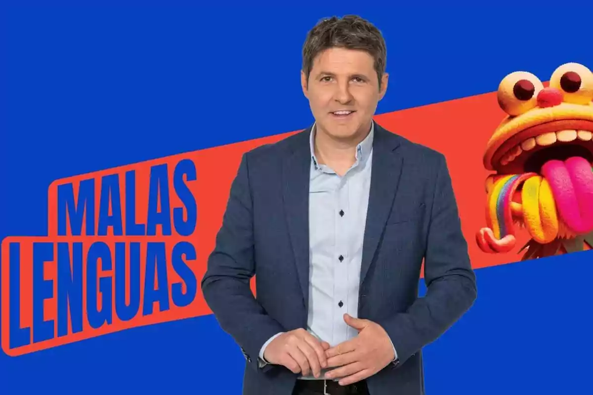 Hombre de traje azul junto a un personaje colorido con lenguas multicolores sobre un fondo azul y rojo con el texto Hombre de traje azul junto a un personaje colorido con lenguas multicolores sobre un fondo azul y rojo con el texto