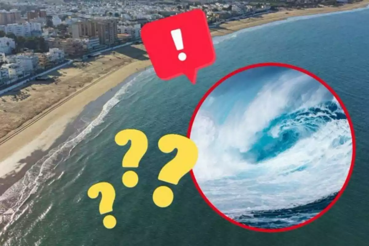 Vista aérea de una playa con un icono de exclamación rojo y un círculo con una imagen de una ola grande, acompañado de signos de interrogación amarillos.