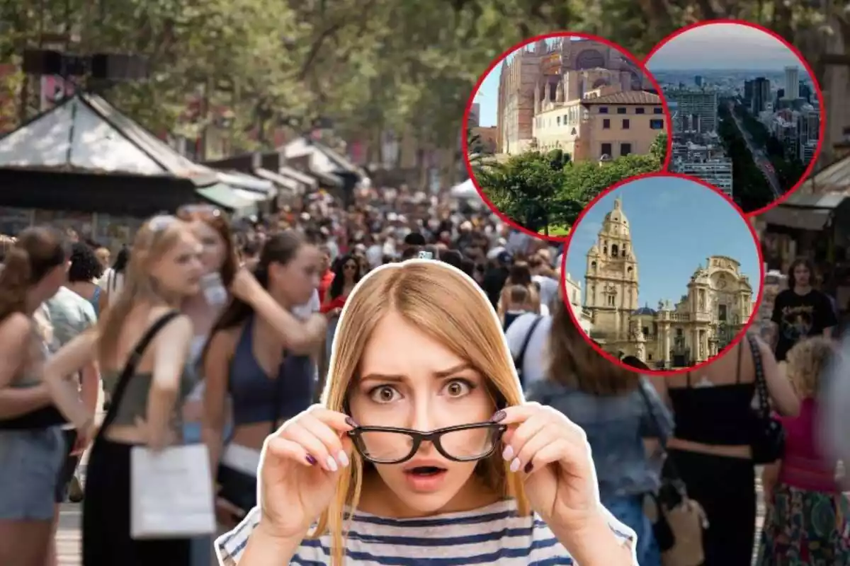 Imagen de fondo de las Ramblas de la ciudad de Barcelona y otras imágenes de las ciudades de Murcia, Madrid y Palma de Mallorca, junto a una mujer con gesto sorprendido