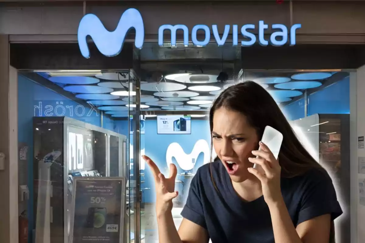 Upset woman talking on the phone in front of a Movistar store.