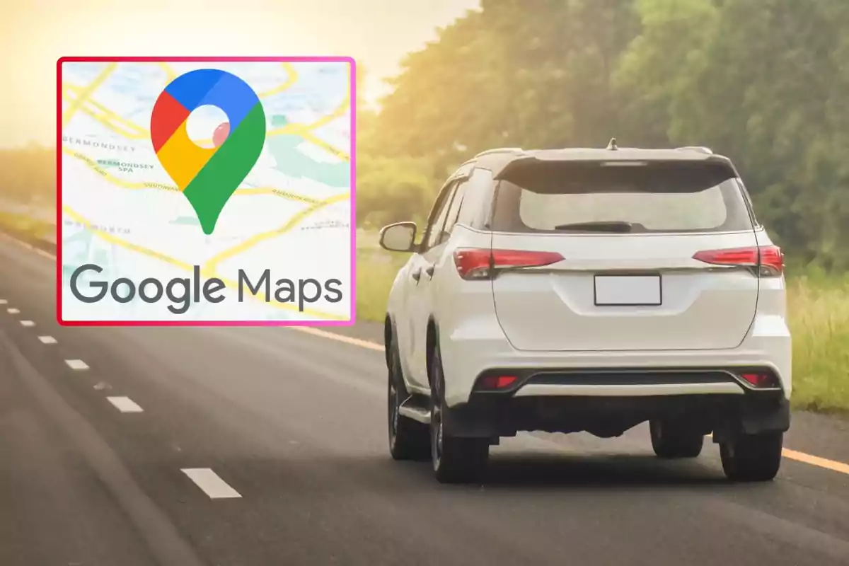 Un coche blanco en una carretera con el logotipo de Google Maps superpuesto.
