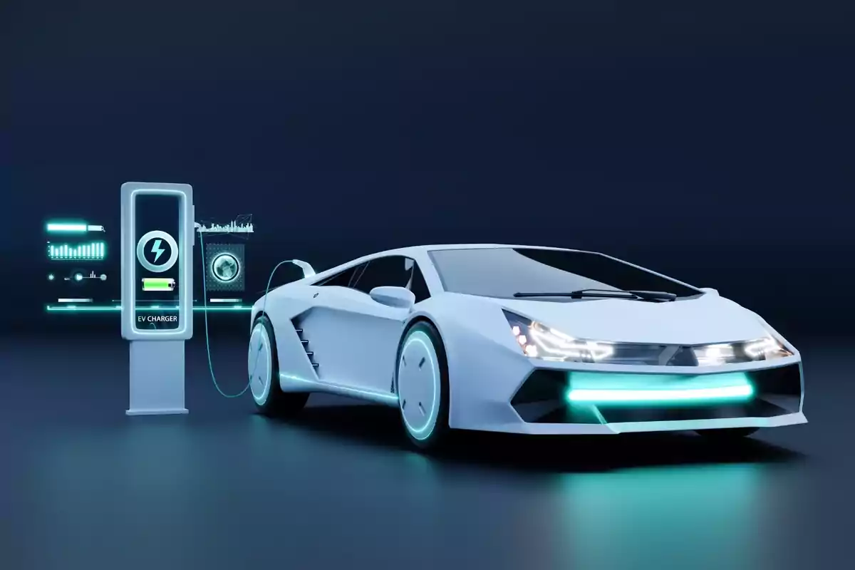 Coche deportivo eléctrico blanco conectado a una estación de carga, con gráficos futuristas en el fondo.