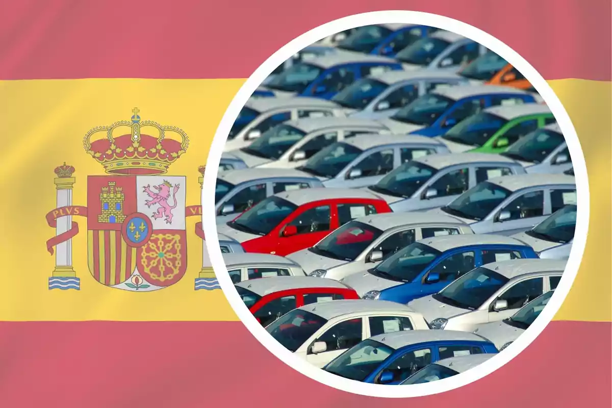 Bandera de España con una imagen circular de varios coches estacionados.