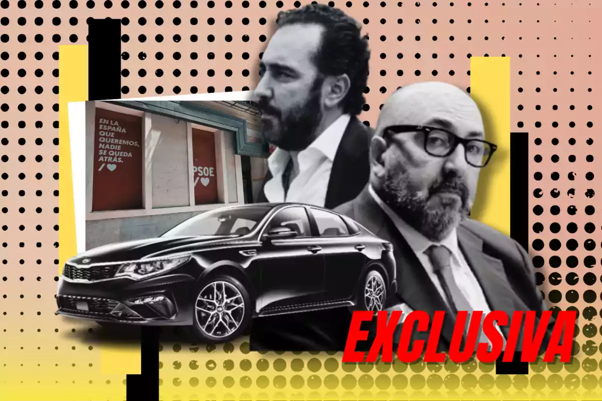 Hombre con barba y gafas junto a un coche negro y un cartel de PSOE con fondo de puntos y texto "EXCLUSIVA".