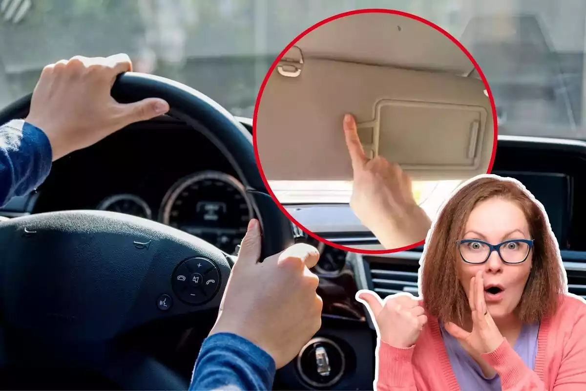 Imagen de fondo de una persona conduciendo un coche, visto desde el interior, otra de una mano señalando un parasol de coche y otra de una mujer con gesto de sorpresa
