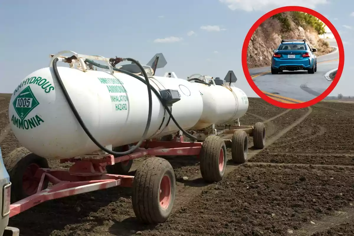 Un tanque de amoníaco anhidro en un campo agrícola con la imagen de un automóvil en una carretera dentro de un círculo rojo.