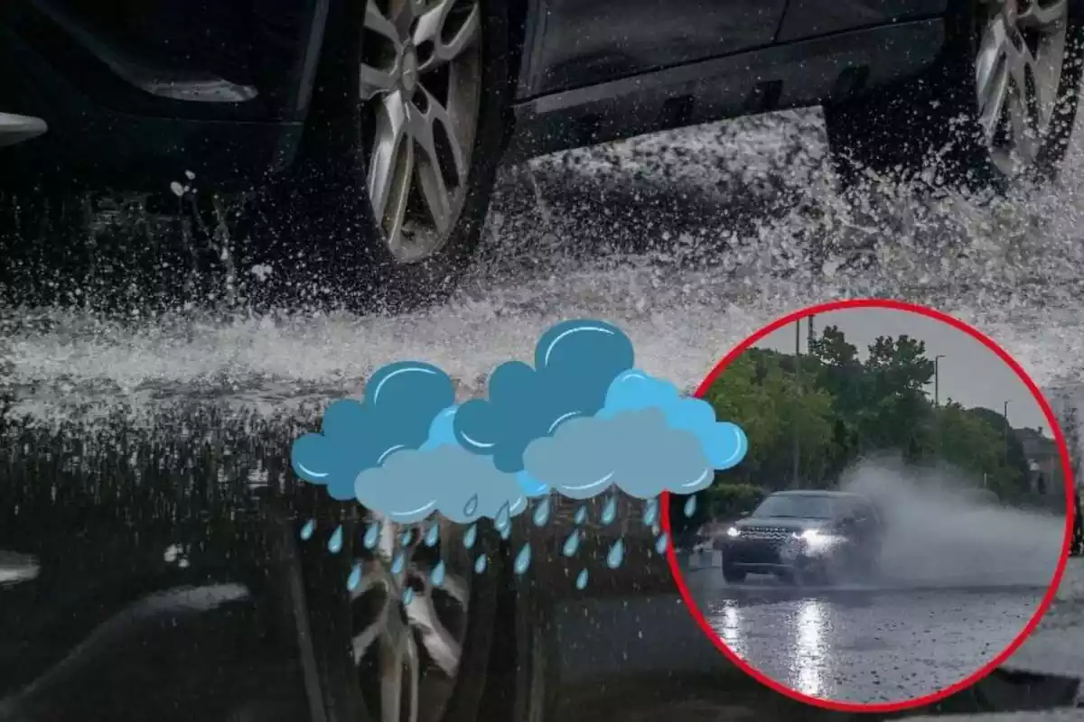 Imagen de fondo de las ruedas de un coche pasando por charcos de agua, junto a otra imagen de un coche salpicando agua bajo la lluvia y unos emoticonos de nubes con lluvia