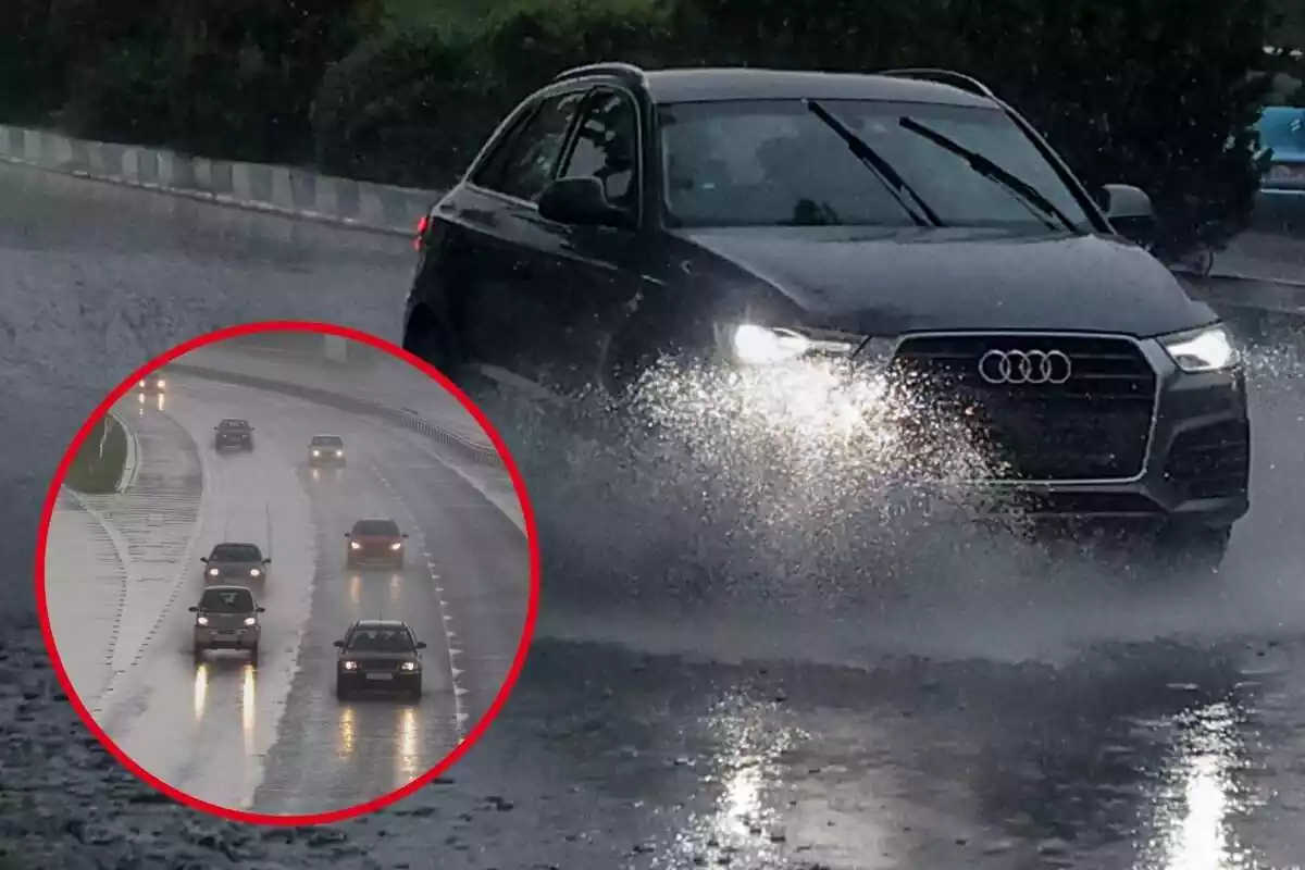 Imagen de fondo de un coche circulando por una carretera con mucha agua y otra imagen de varios coches con las luces puestas y circulando también por carreteras con agua