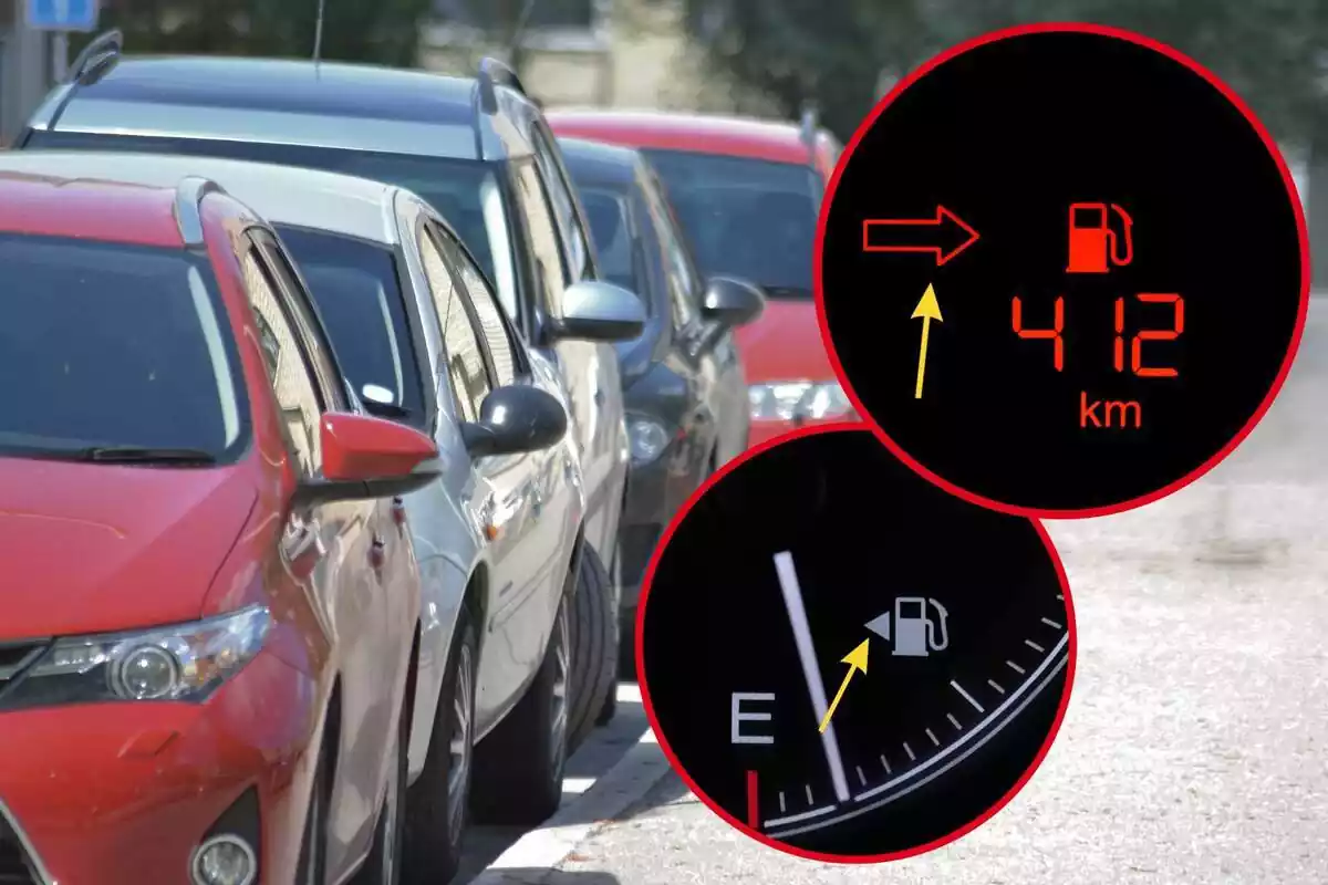 Imagen de fondo de varios coches aparcados y otras dos con el indicador de gasolina de dos vehículos distintos