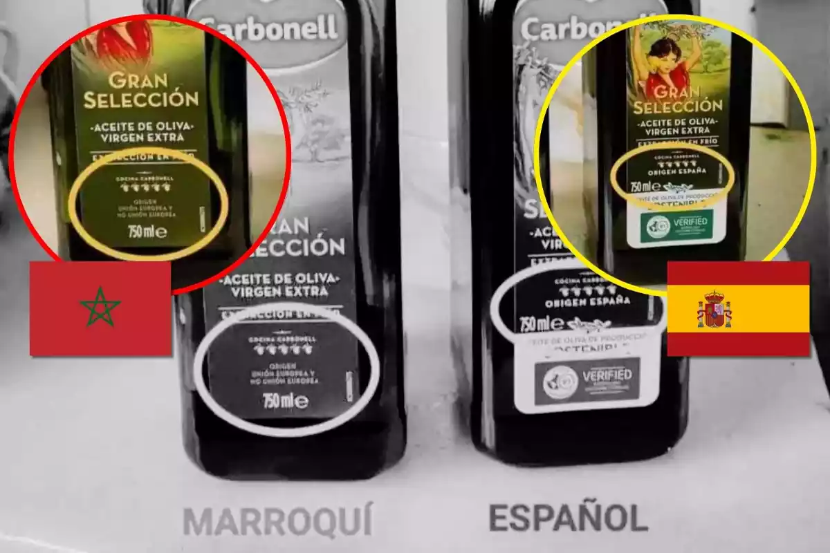 Dos botellas de aceite de oliva, una de origen marroquí y otra de origen español