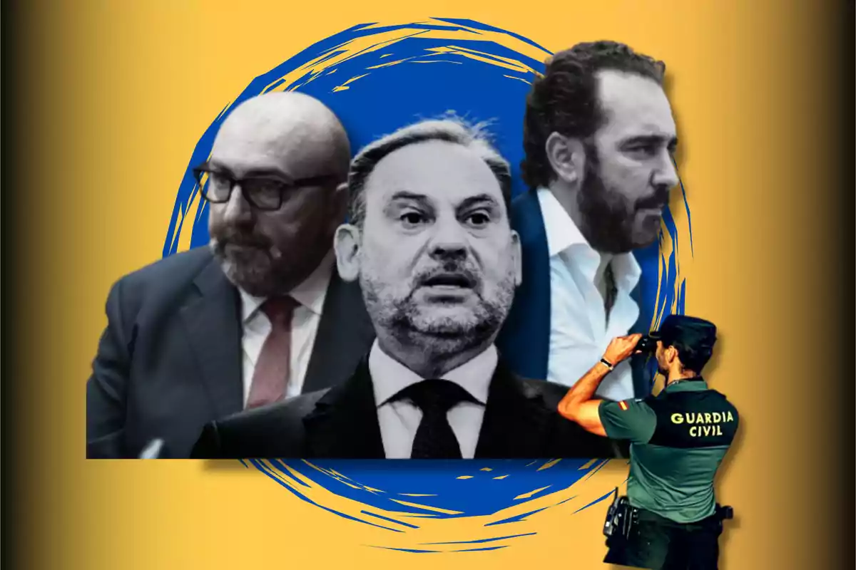 Un collage con tres hombres en traje y corbata en el centro, con un fondo azul y amarillo, y un guardia civil observando con binoculares.