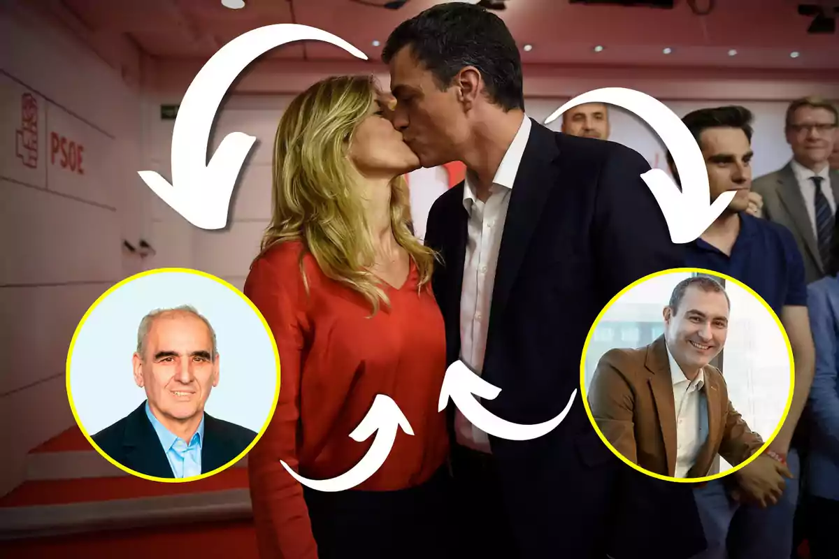 Una pareja se besa en el centro de la imagen, con dos retratos de hombres en círculos amarillos conectados por flechas blancas. El fondo muestra un ambiente de oficina con varias personas observando.