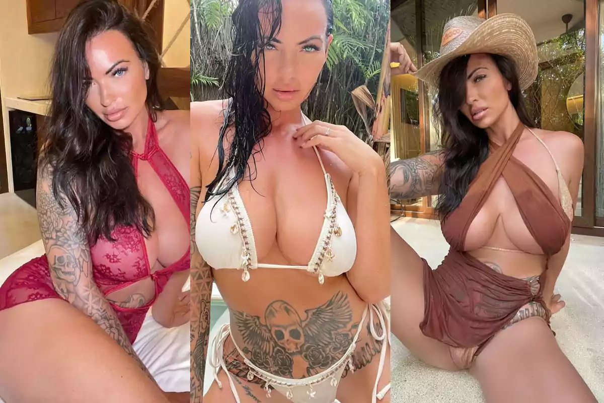 Tres imágenes de una mujer con tatuajes en diferentes atuendos: un conjunto de lencería rojo, un bikini blanco y un vestido marrón con sombrero.