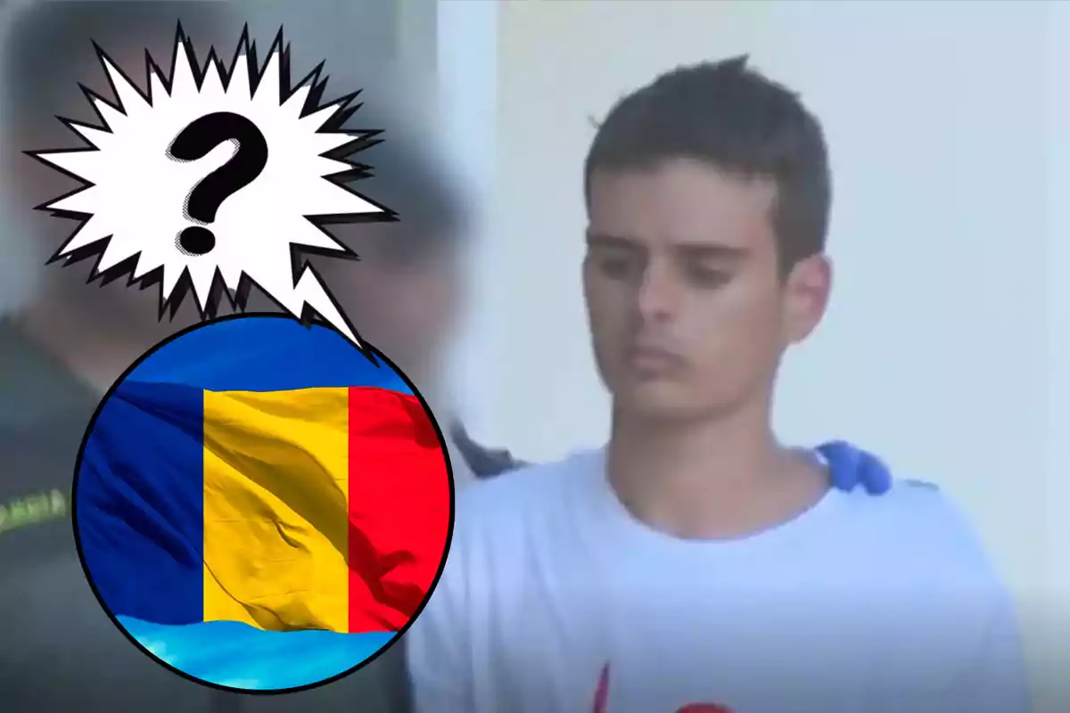 Un joven con una camiseta blanca es escoltado por una persona uniformada, mientras un globo de diálogo con un signo de interrogación y la bandera de Rumania aparecen en la imagen.