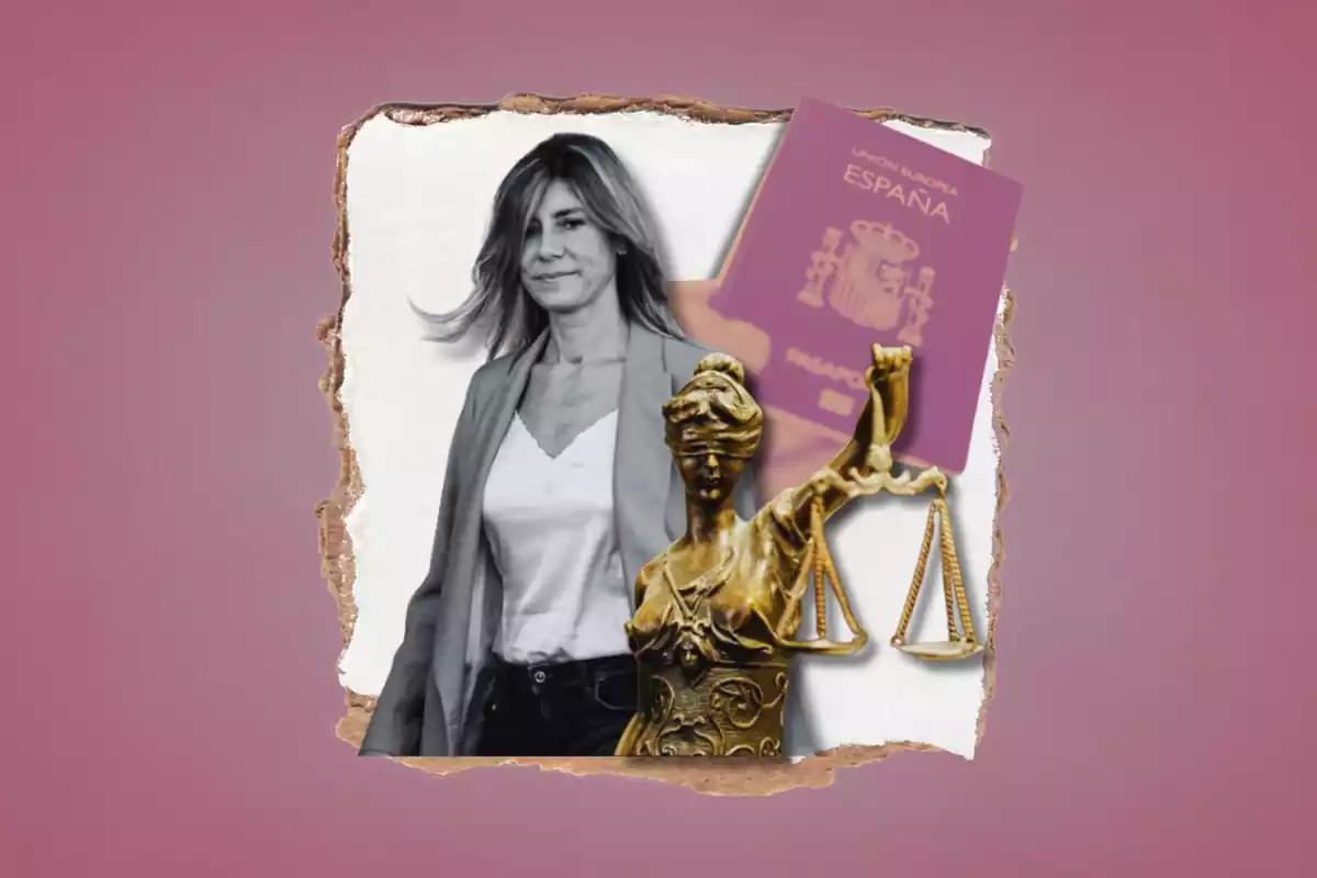 Collage de Begoña Gómez y un pasaporte que sobre sale por su lado izquierdo, mientras que en la parte inferior de la imagen está el símbolo de la mujer que sujeta una balanza y representa la Justicia