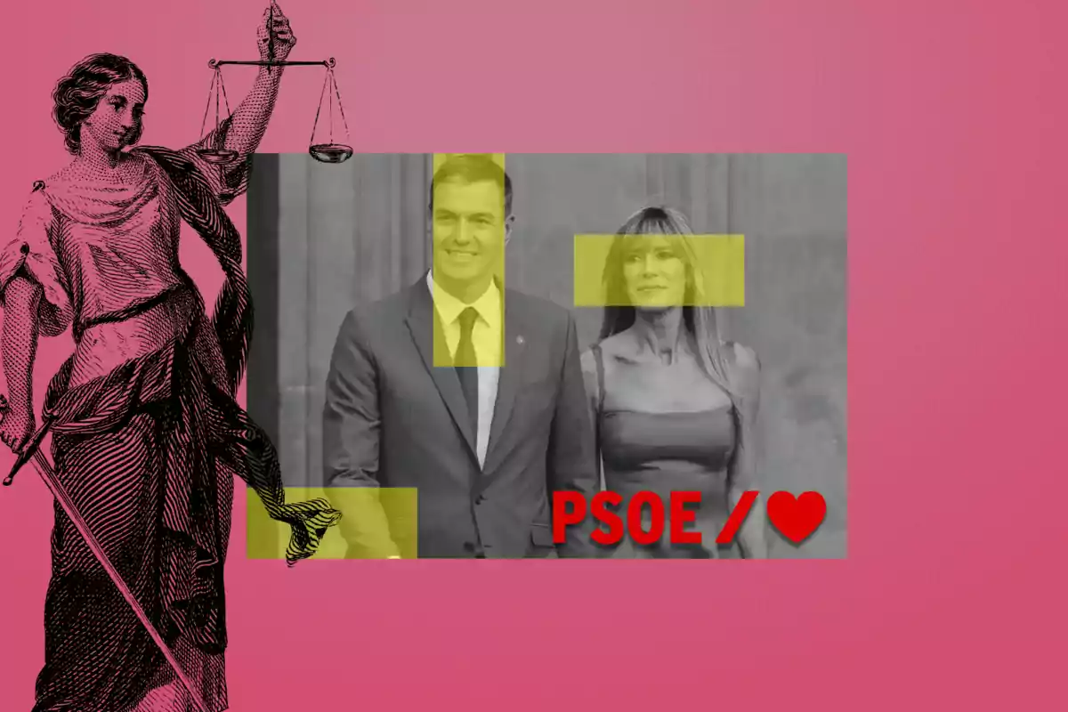 Imagen con fondo rosa que muestra una ilustración de la diosa de la justicia a la izquierda y una fotografía en blanco y negro de una pareja en el centro, con las palabras "PSOE / ♥" en rojo en la parte inferior derecha.