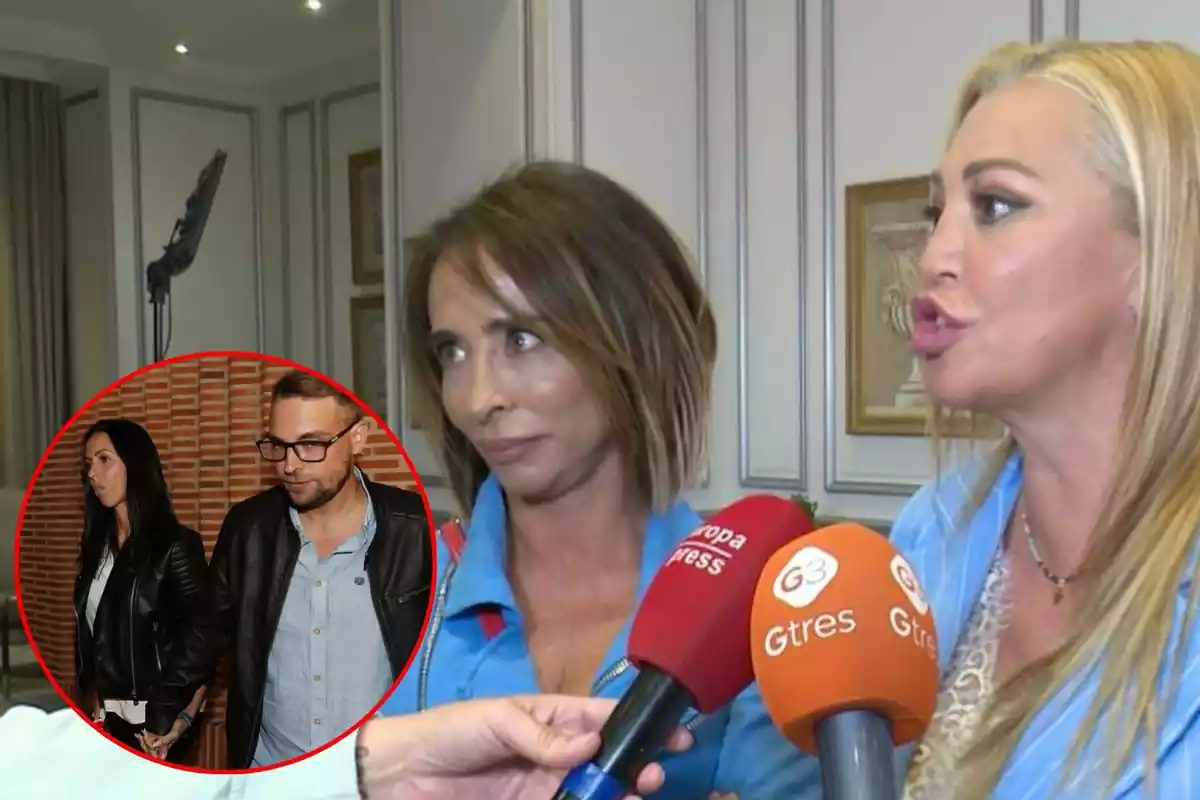 Foto de Belén Esteban y María Patiño siendo entrevistadas por dos reporteros sobre la separación del hijo de Carmen Borrego