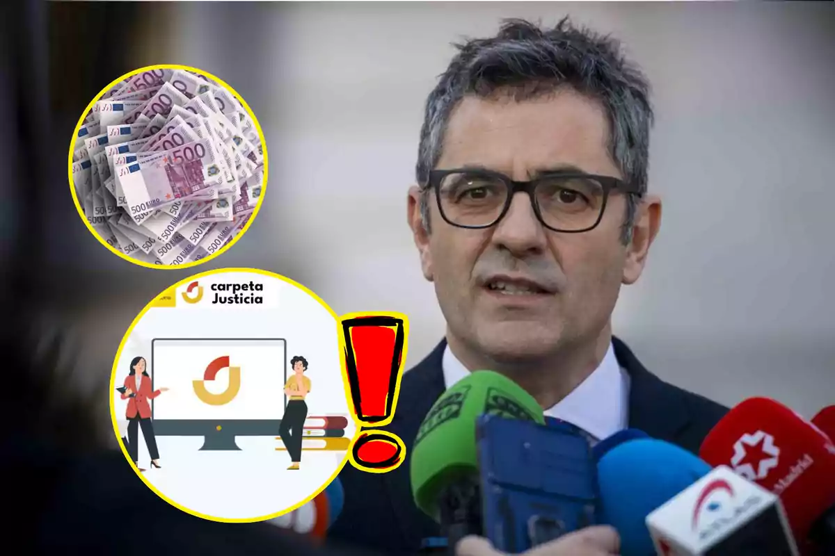 Un hombre con gafas habla frente a varios micrófonos de diferentes medios de comunicación; en la esquina superior izquierda hay una imagen de billetes de 500 euros y en la parte inferior una ilustración relacionada con la justicia.