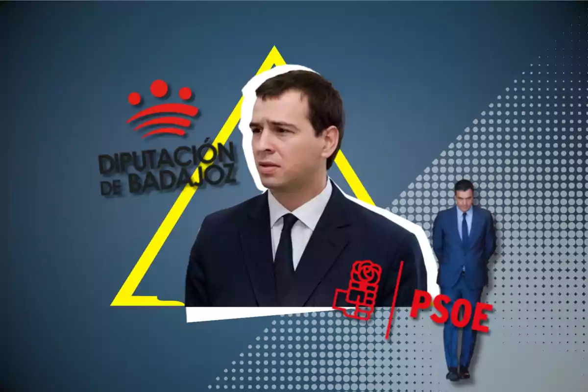 Un hombre con traje oscuro y corbata aparece en primer plano, con el logotipo de la Diputación de Badajoz a su izquierda y el logotipo del PSOE a su derecha. En el fondo, otro hombre con traje azul está de pie con las manos en los bolsillos.