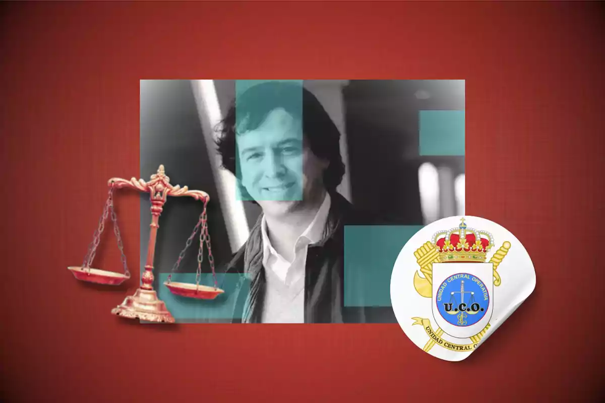 Imagen de un hombre sonriente con una balanza de justicia y un emblema de la Unidad Central Operativa (U.C.O.) sobre un fondo rojo.