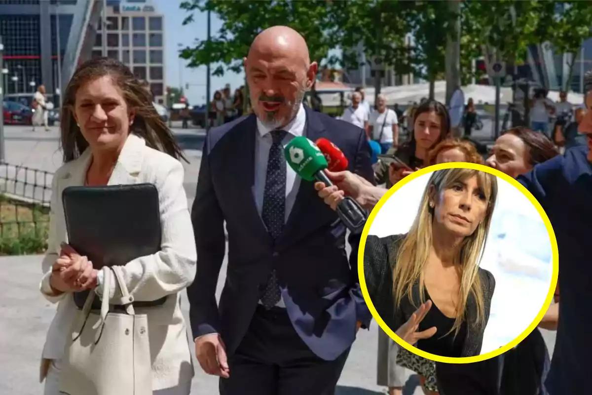 Personas caminando mientras son entrevistadas por la prensa, con una imagen circular de una mujer en la esquina inferior derecha.