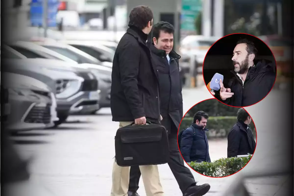 Two men walking through a parking lot, one of them carrying a briefcase, with two circular images inserted showing a man speaking into a microphone and the same men walking.